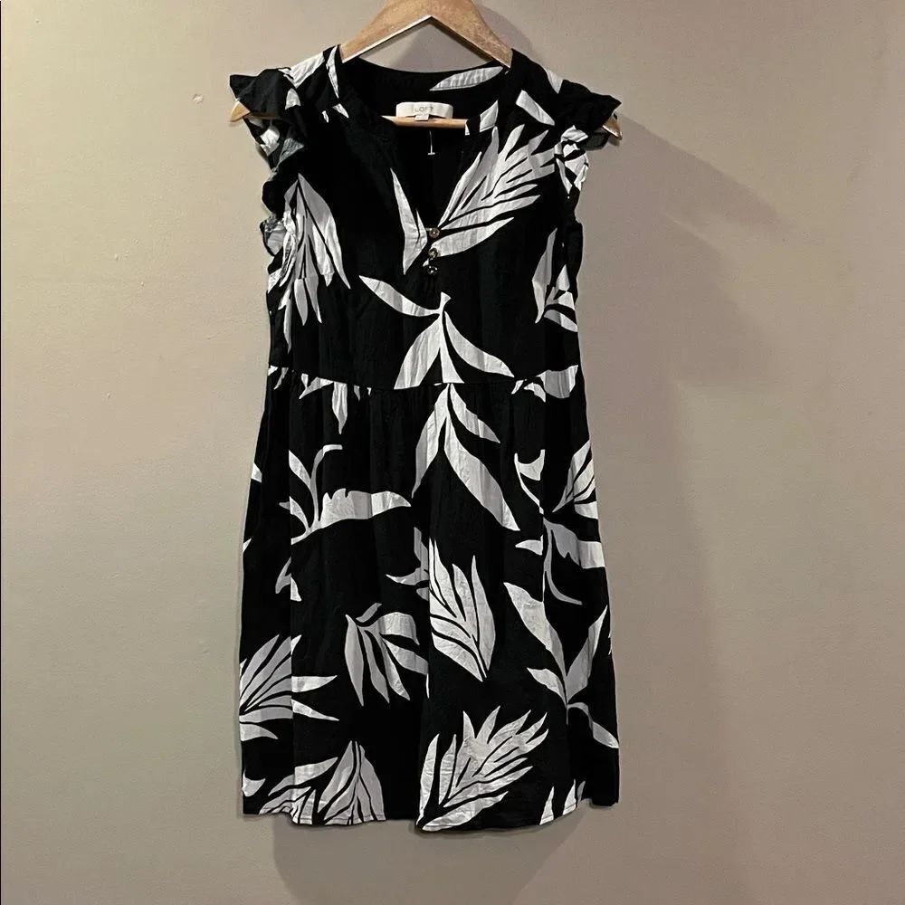 LOFT Black and White Leaf Pattern Dress